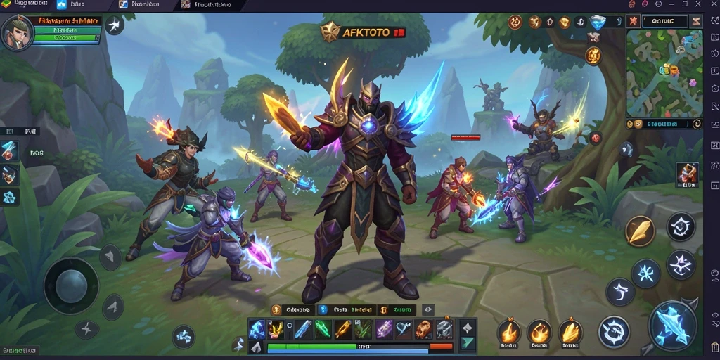 Screenshot gameplay AFKTOTO menampilkan karakter bertarung melawan monster besar.