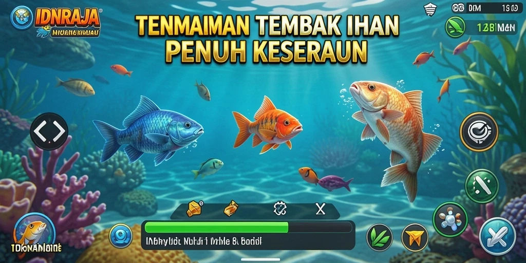 Screenshot gameplay <strong>IDNRAJA</strong> menampilkan momen menembak ikan di laut yang seru.