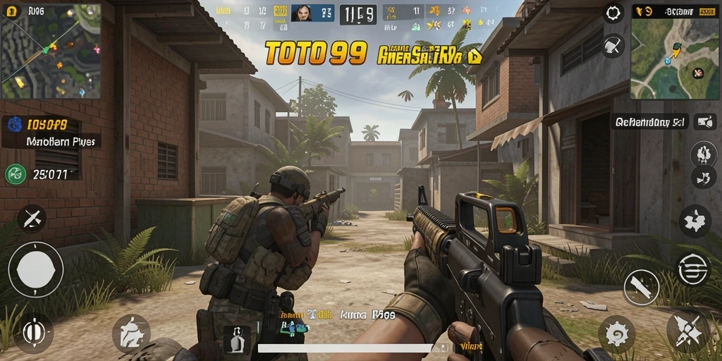 Screenshot menunjukkan pertempuran intens dalam game FPS TOTO99.